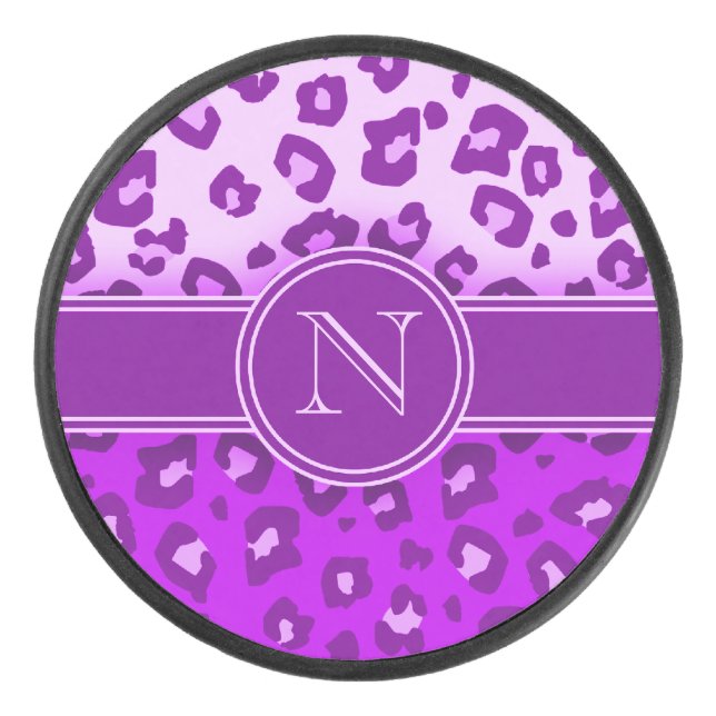 Leopard print purple monogram  hockey puck (Front)