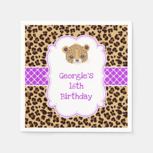 Leopard Print Purple Quatrefoil Birthday Party Napkin