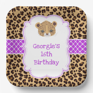 Leopard Print Purple Quatrefoil Birthday Party Paper Plate