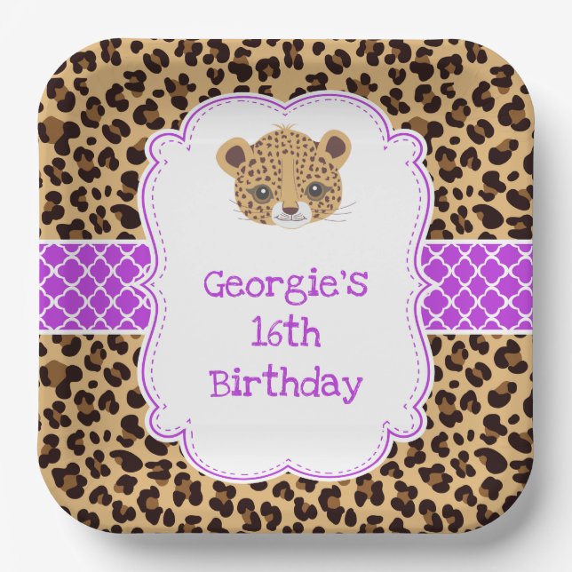 Leopard Print Purple Quatrefoil Birthday Party Paper Plate (Front)