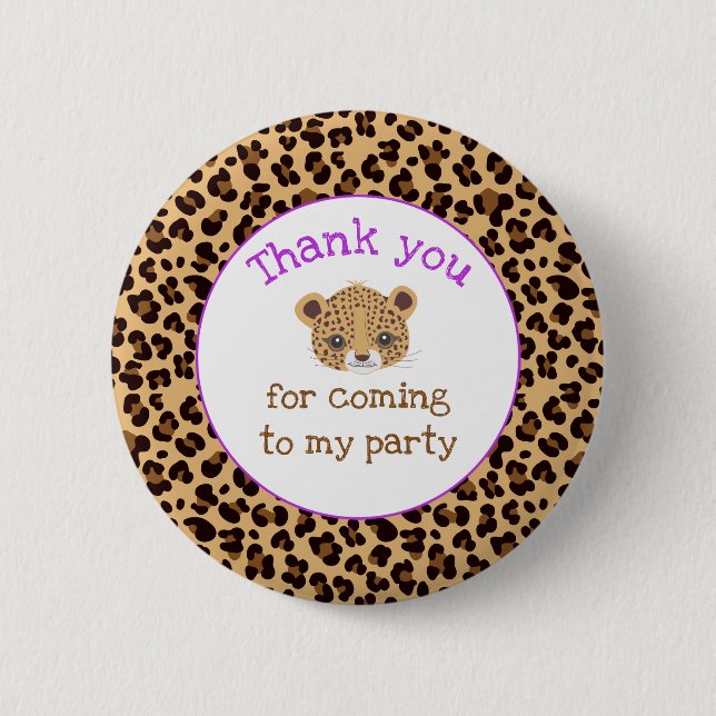 Leopard Print Purple Quatrefoil 'Thank you' 6 Cm Round Badge (Front)