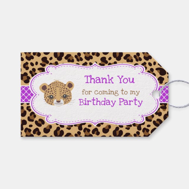 Leopard Print Purple Quatrefoil 'Thank You' Tag (Front (Horizontal))
