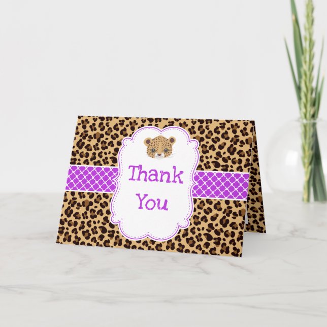 Leopard Print Purple Quatrefoil 'Thank You' Thank You Card (Front)