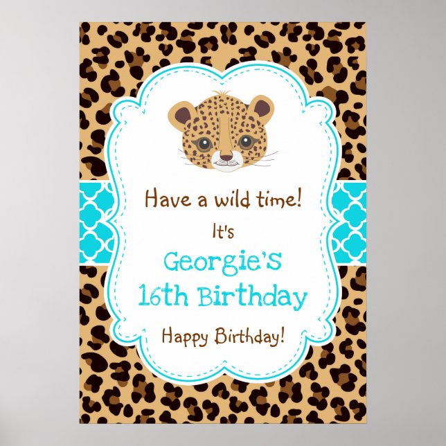 Leopard Print Quatre foil Birthday Poster Blue (Front)