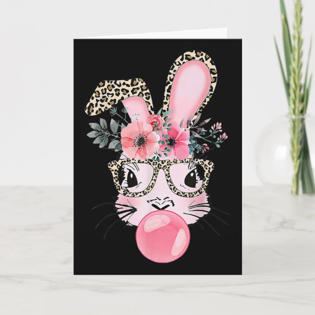 Leopard Print Rabbit Bunny Blowing Bubble Gum East Card (Front)