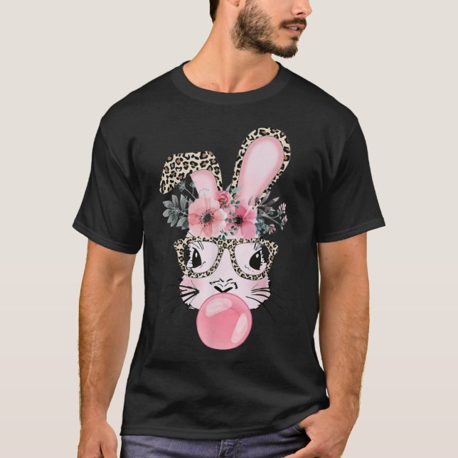 Leopard Print Rabbit Bunny Blowing Bubble Gum East T-Shirt (Front)