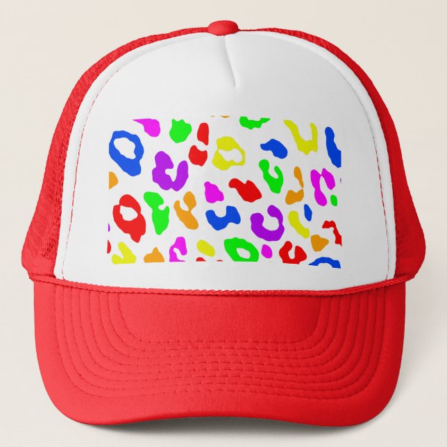 Leopard Print Rainbow White Trucker Hat (Front)