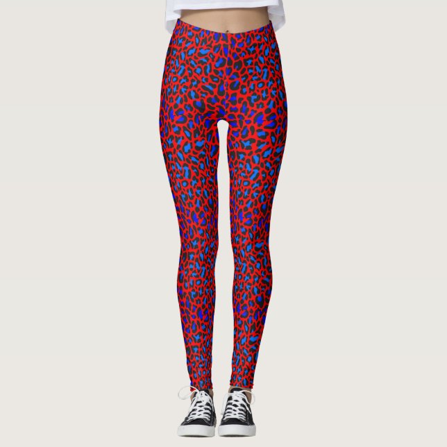 Leopard Print Red Blue Black Leggings (Front)