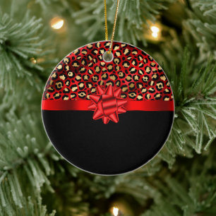 Leopard Print Red, Gold and Black with Red Bow Ceramic Tree Decoration