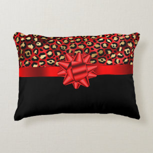 Leopard Print Red, Gold and Black with Red Bow Decorative Cushion