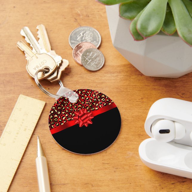 Leopard Print Red, Gold and Black with Red Bow Key Ring (Desk)