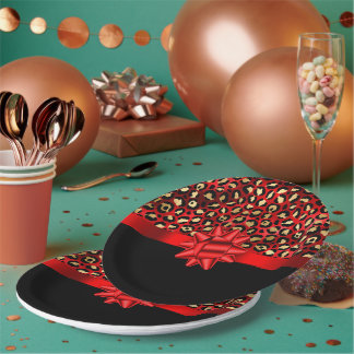 Leopard Print Red, Gold and Black with Red Bow Paper Plate