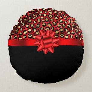 Leopard Print Red, Gold and Black with Red Bow Round Cushion