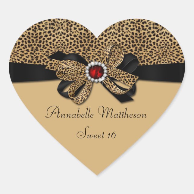 Leopard Print Red Jewel Diamonds Sweet 16 Heart St Heart Sticker (Front)