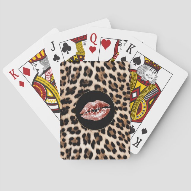 Leopard Print Red Lips XOXO Playing Cards (Back)