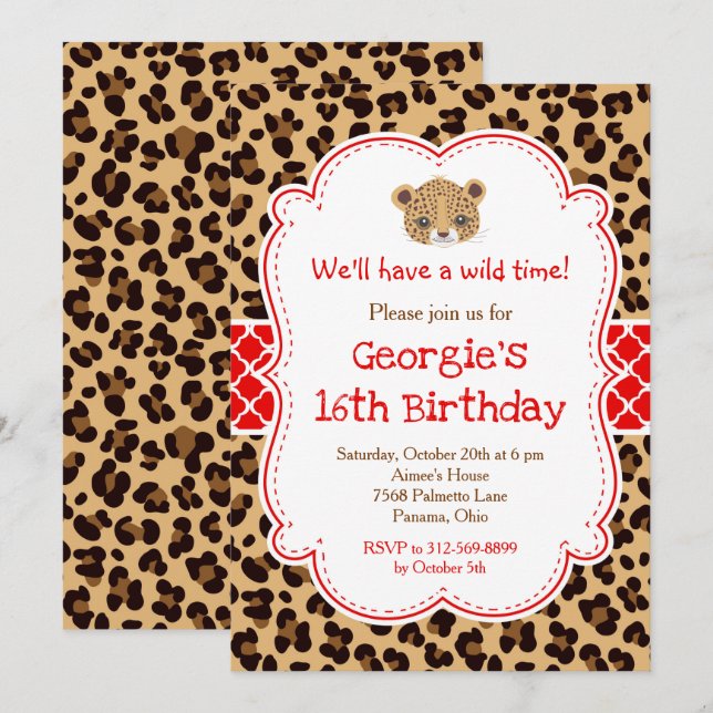 Leopard Print Red Quatrefoil Birthday Party Invitation (Front/Back)