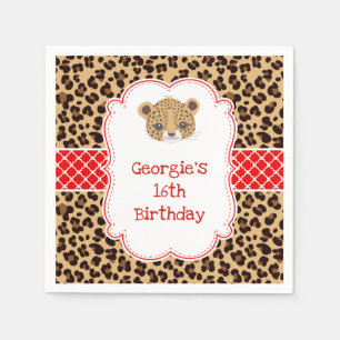 Leopard Print Red Quatrefoil Birthday Party Napkin
