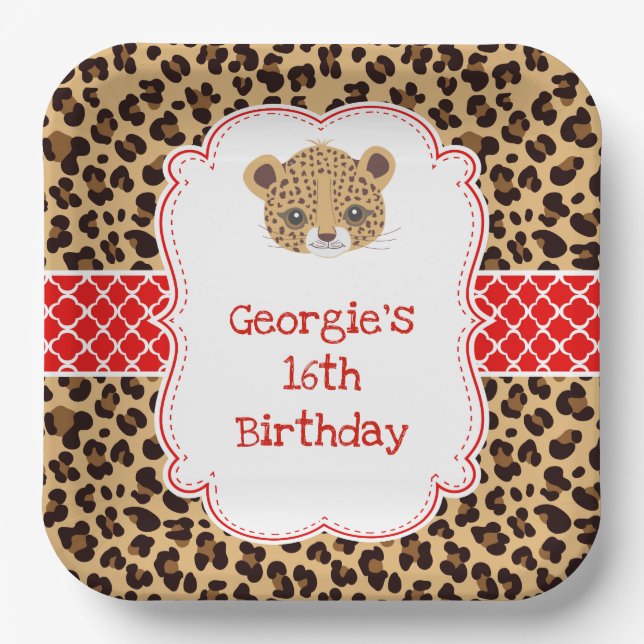 Leopard Print Red Quatrefoil Birthday Party Paper Plate (Front)