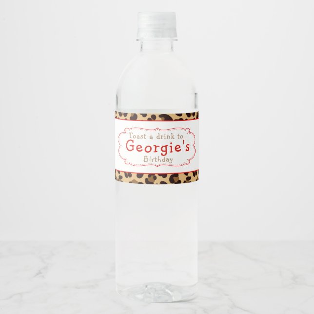 Leopard Print Red Quatrefoil Birthday Party Water Bottle Label (Front)
