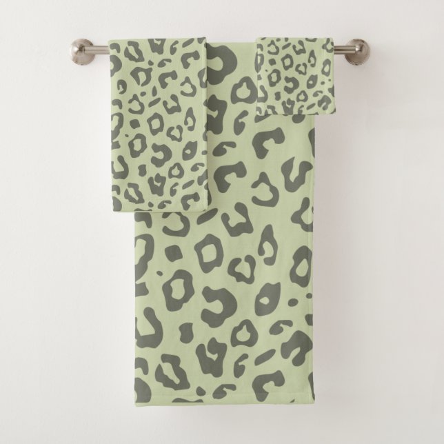 Leopard Print Sage Green and Shades Animal Print Bath Towel Set (Insitu)