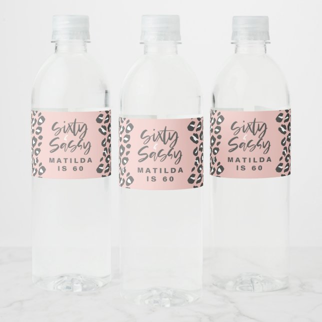 Leopard print sixty and sassy 60th birthday pink water bottle label (Bottles)