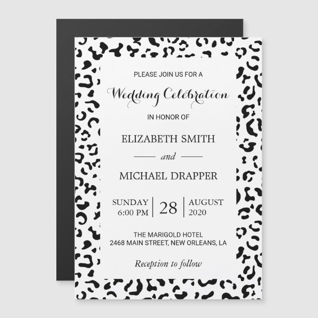 Leopard Print, Spots, Black and White, Wedding Magnetic Invitation (Front/Back)