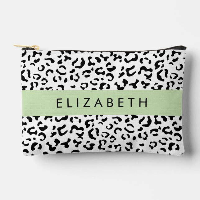 Leopard Print, Spots, Black And White, Your Name Accessory Pouch (Front)