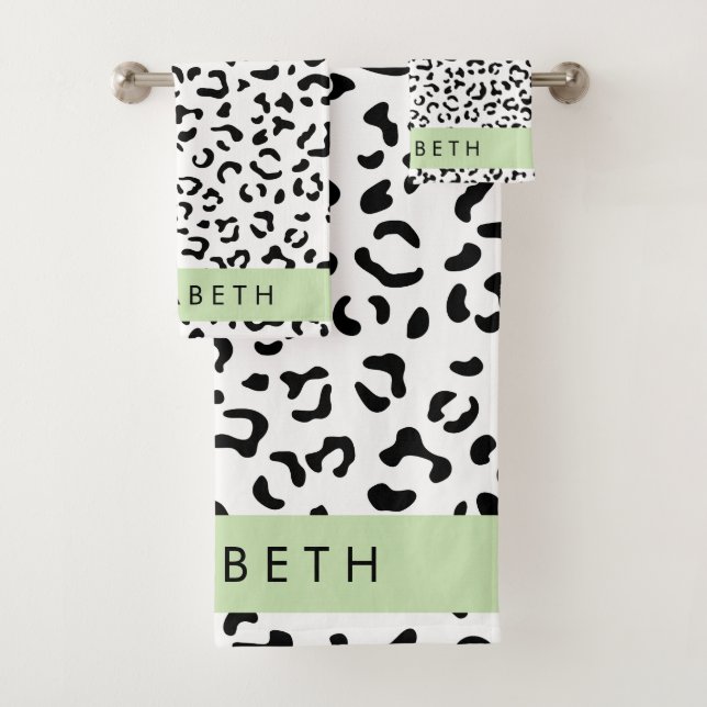 Leopard Print, Spots, Black And White, Your Name Bath Towel Set (Insitu)
