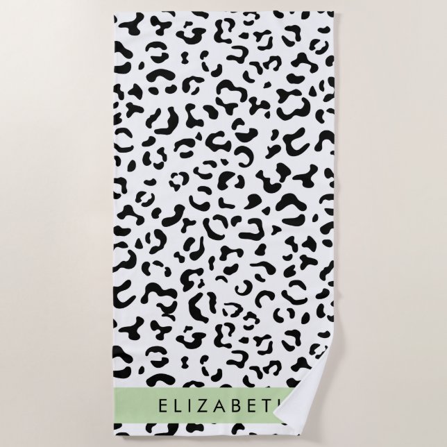 Leopard Print, Spots, Black And White, Your Name Beach Towel (Front)
