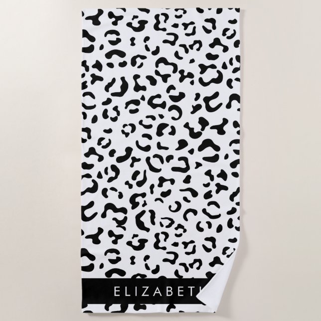 Leopard Print, Spots, Black And White, Your Name Beach Towel (Front)