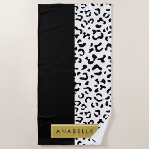 Leopard Print, Spots, Black And White, Your Name Beach Towel