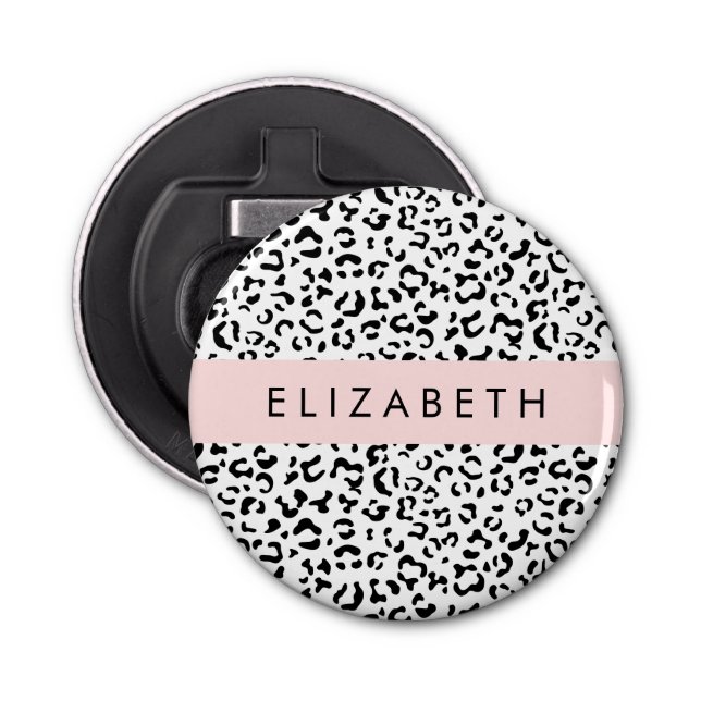 Leopard Print, Spots, Black And White, Your Name Bottle Opener (Front)