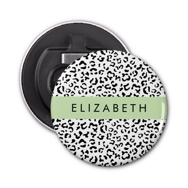 Leopard Print, Spots, Black And White, Your Name Bottle Opener (Front)