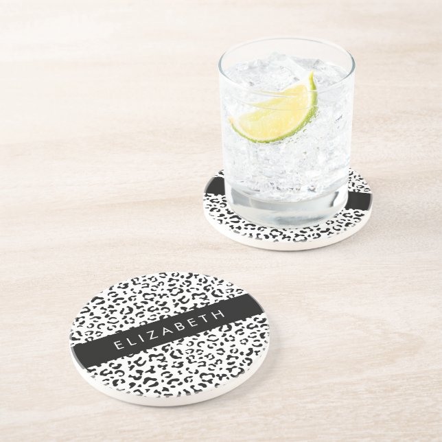 Leopard Print, Spots, Black And White, Your Name Coaster (Side)