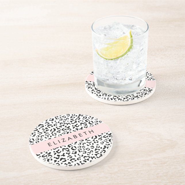 Leopard Print, Spots, Black And White, Your Name Coaster (Side)