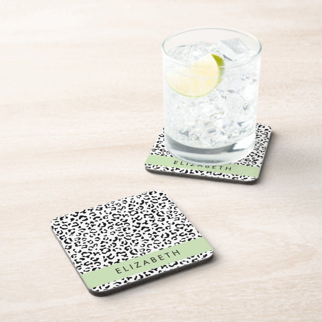 Leopard Print, Spots, Black And White, Your Name Coaster (Right Side)