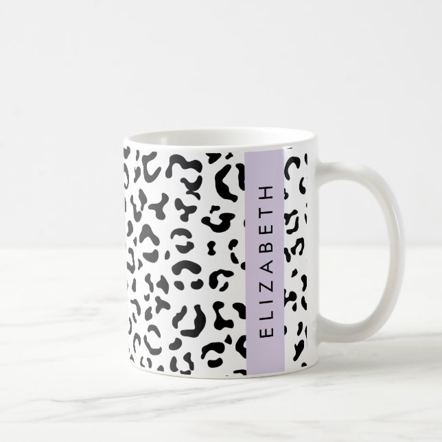 Leopard Print, Spots, Black And White, Your Name Coffee Mug (Right)