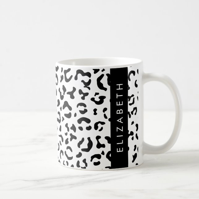 Leopard Print, Spots, Black And White, Your Name Coffee Mug (Right)