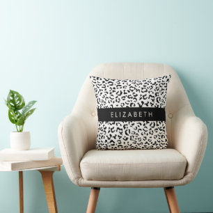 Leopard Print, Spots, Black And White, Your Name Cushion