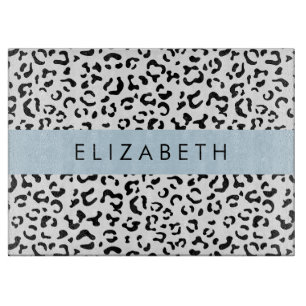 Leopard Print, Spots, Black And White, Your Name Cutting Board