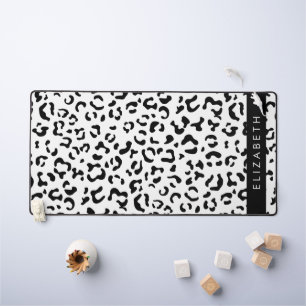 Leopard Print, Spots, Black And White, Your Name Desk Mat