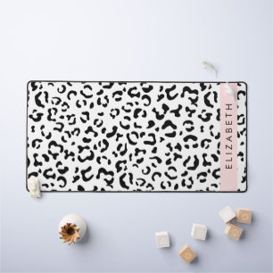 Leopard Print, Spots, Black And White, Your Name Desk Mat