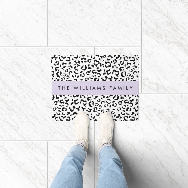 Leopard Print, Spots, Black And White, Your Name Doormat (Indoor)