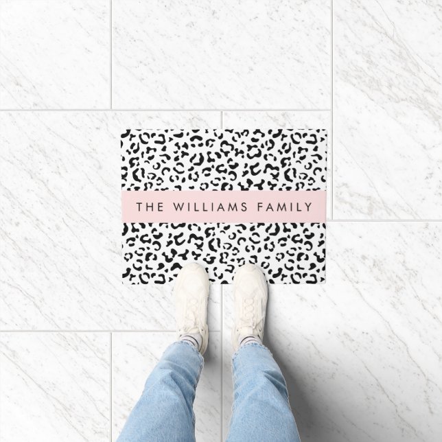 Leopard Print, Spots, Black And White, Your Name Doormat (Indoor)