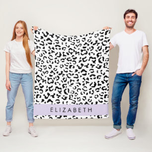 Leopard Print, Spots, Black And White, Your Name Fleece Blanket