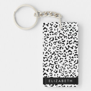 Leopard Print, Spots, Black And White, Your Name Key Ring