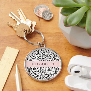 Leopard Print, Spots, Black And White, Your Name Key Ring