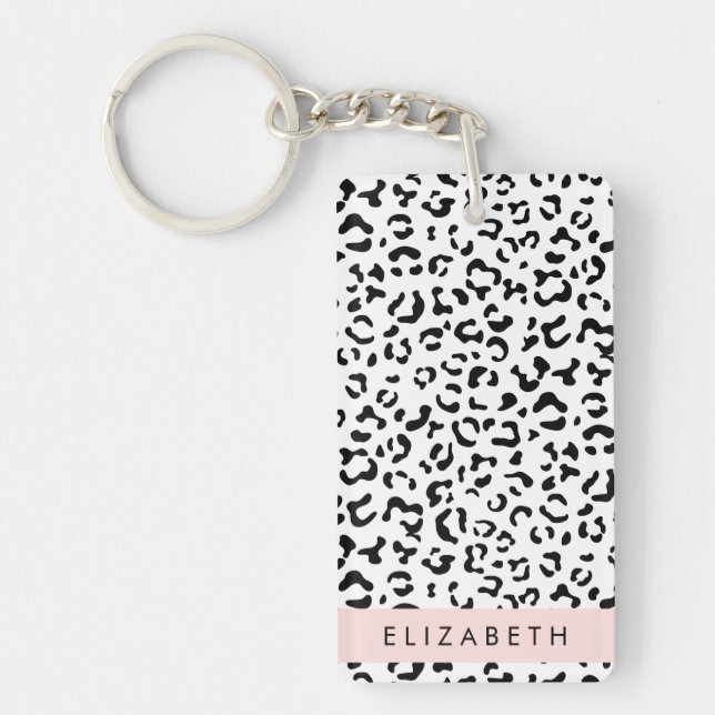 Leopard Print, Spots, Black And White, Your Name Key Ring (Front)