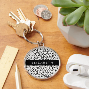 Leopard Print, Spots, Black And White, Your Name Key Ring