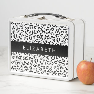 Leopard Print, Spots, Black And White, Your Name Metal Lunch Box